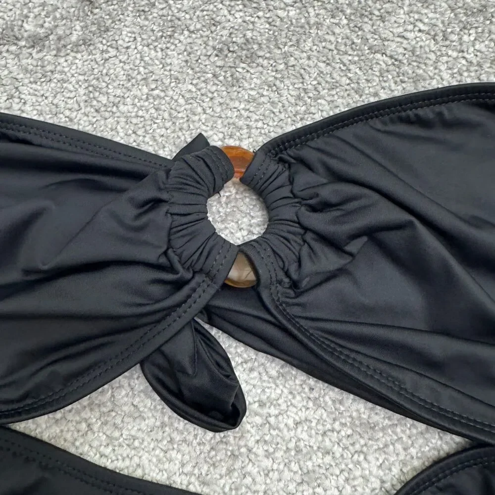 Lulus Halter O-Ring Cutout High Leg One Piece Swimsuit Womens XL Black Pull On